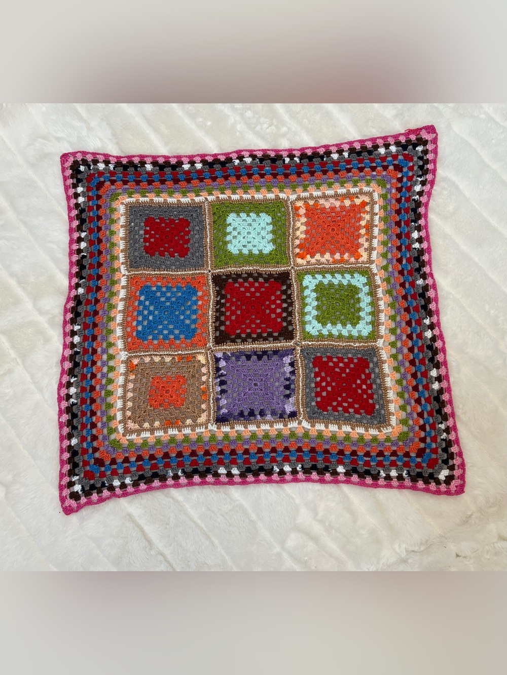 VTG Handmade Crochet Granny Square Table Topper Border 16" x 15'' 70s Doily